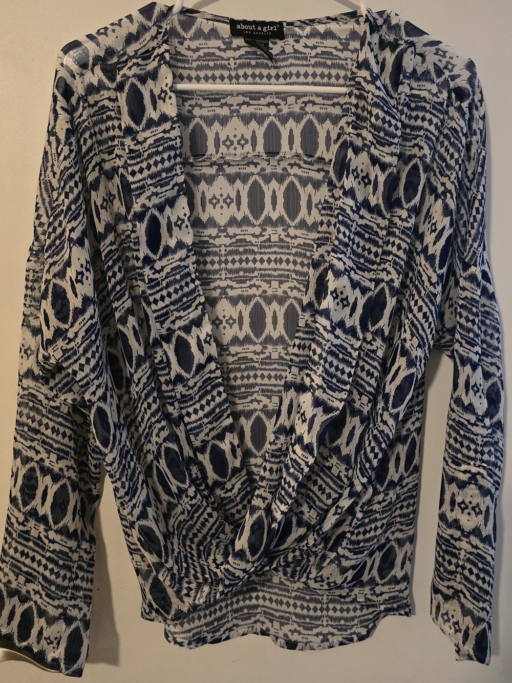 About A Girl Navy and White Patterned Draped-Open Front Cardigan